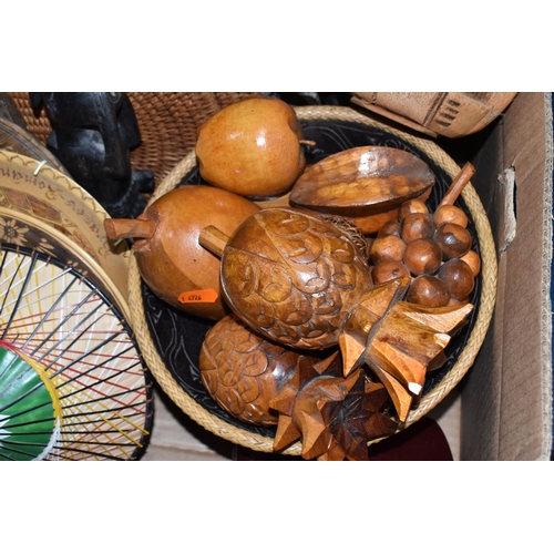 888 - A BOX AND LOOSE MOSTLY INTERNATIONAL TREEN to include twelve Rattan place mats, a wooden bowl with v... 