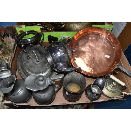 894 - TWO BOXES OF MIXED METAL WARES comprising a group of pewter items to include two jugs, a lidded ture... 