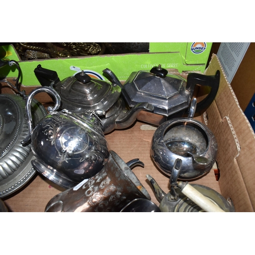 894 - TWO BOXES OF MIXED METAL WARES comprising a group of pewter items to include two jugs, a lidded ture... 