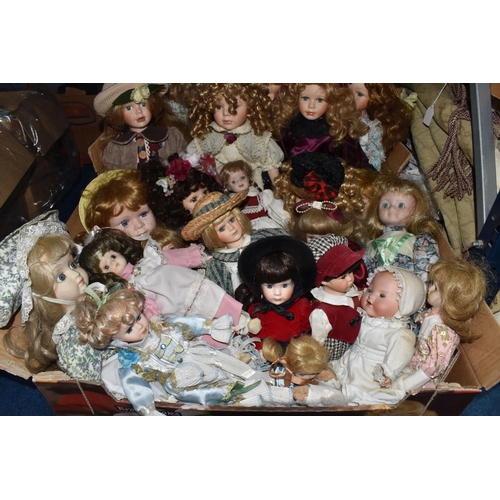 896 - TWO BOXES OF PORCELAIN DOLLS comprising approximately thirty assorted dolls in various period and tr... 