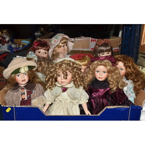 896 - TWO BOXES OF PORCELAIN DOLLS comprising approximately thirty assorted dolls in various period and tr... 