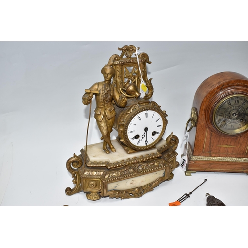 899 - TWO MANTEL CLOCKS AND A CUCKOO CLOCK, comprising a gilt French figural mantel clock, with a white po... 