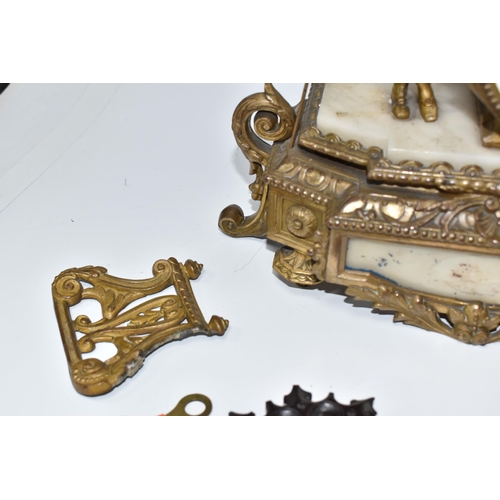 899 - TWO MANTEL CLOCKS AND A CUCKOO CLOCK, comprising a gilt French figural mantel clock, with a white po... 