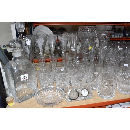 901 - A LARGE QUANTITY OF CUT GLASS, comprising a selection of various drinking glasses, vases, decanters ... 