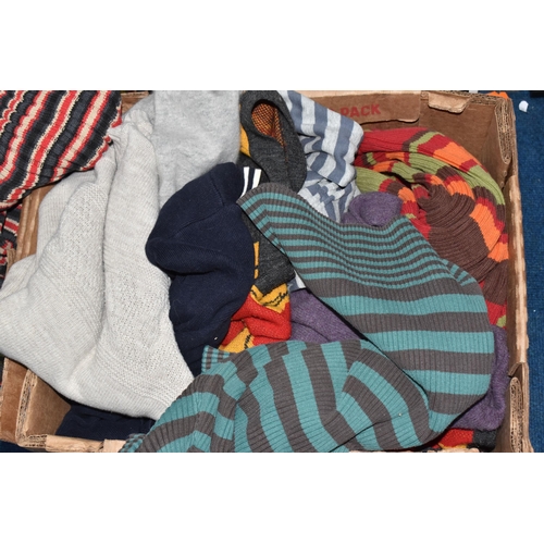 903 - SIX BOXES OF CLOTHES AND ACCESSORIES, to include a selection of trousers, jumpers, coats, skirts, ha... 