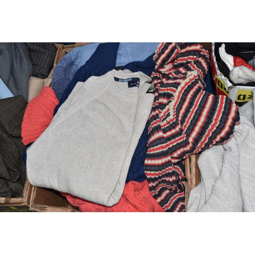 903 - SIX BOXES OF CLOTHES AND ACCESSORIES, to include a selection of trousers, jumpers, coats, skirts, ha... 