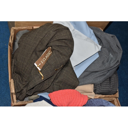 903 - SIX BOXES OF CLOTHES AND ACCESSORIES, to include a selection of trousers, jumpers, coats, skirts, ha... 