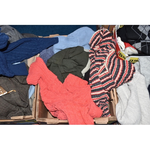 903 - SIX BOXES OF CLOTHES AND ACCESSORIES, to include a selection of trousers, jumpers, coats, skirts, ha... 