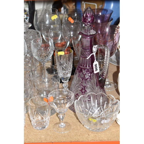 906 - A COLLECTION OF CUT GLASS ITEMS, comprising a selection of drinking glasses and decanters, to includ... 