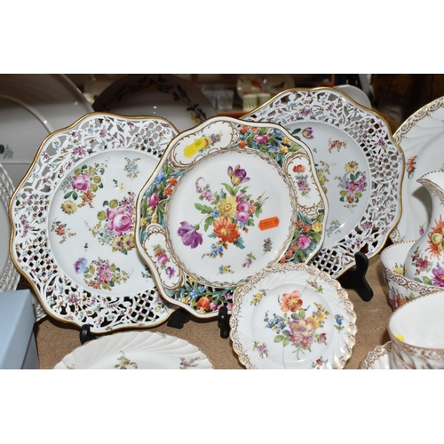 908 - A GROUP OF HAND-PAINTED DRESDEN TEA WARE, hand painted with various floral designs and gilt pattern ... 