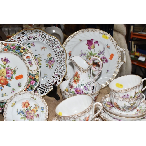 908 - A GROUP OF HAND-PAINTED DRESDEN TEA WARE, hand painted with various floral designs and gilt pattern ... 