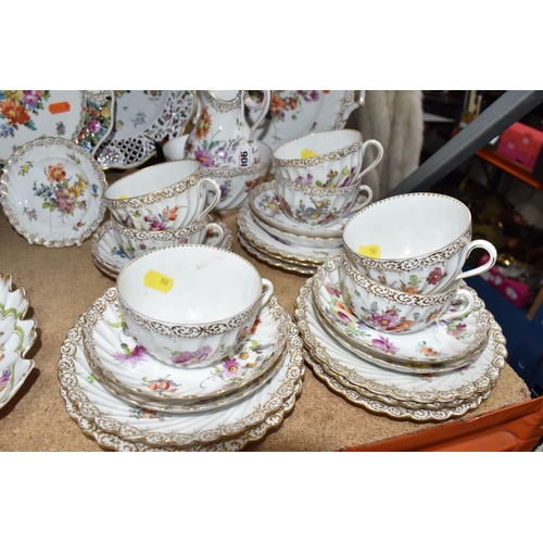 908 - A GROUP OF HAND-PAINTED DRESDEN TEA WARE, hand painted with various floral designs and gilt pattern ... 