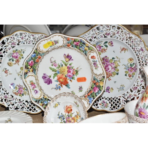 908 - A GROUP OF HAND-PAINTED DRESDEN TEA WARE, hand painted with various floral designs and gilt pattern ... 