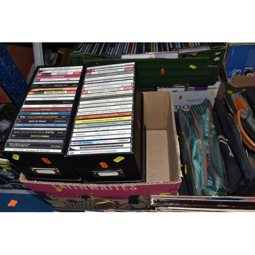 910 - FIVE BOXES AND LOOSE CDS AND RECORDS, to include over three hundred and fifty CDs, various styles to... 