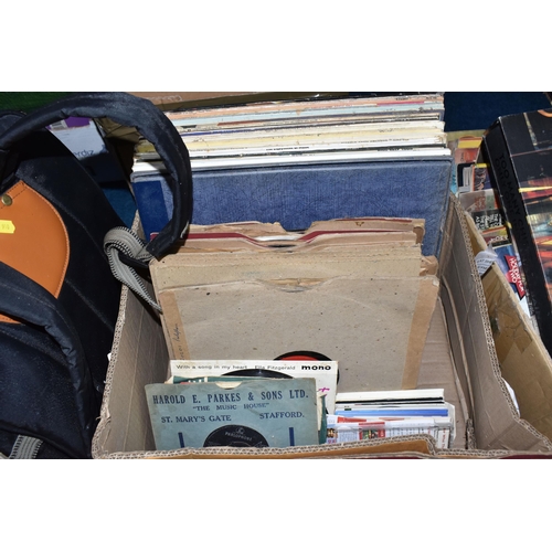 910 - FIVE BOXES AND LOOSE CDS AND RECORDS, to include over three hundred and fifty CDs, various styles to... 