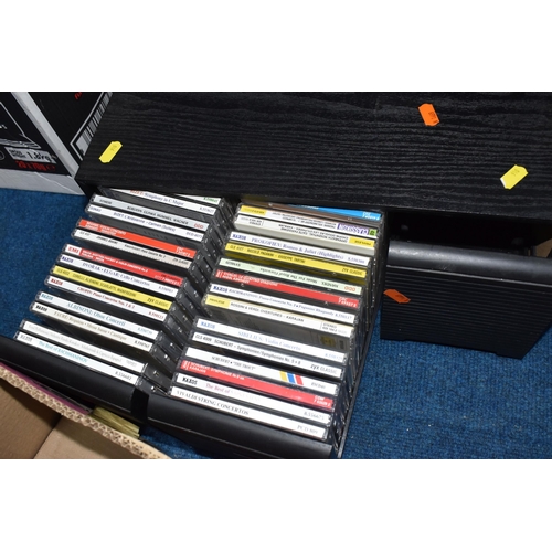 910 - FIVE BOXES AND LOOSE CDS AND RECORDS, to include over three hundred and fifty CDs, various styles to... 