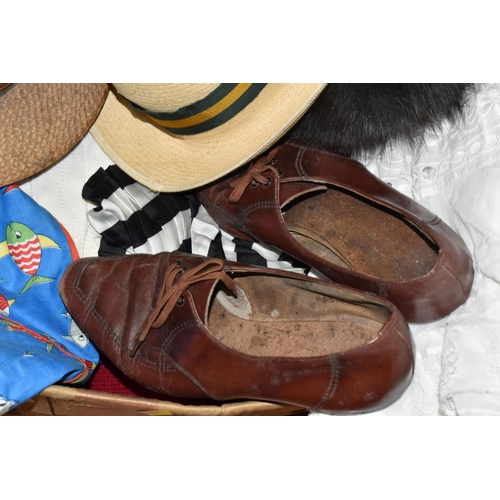 913 - ONE FLORAL MANNEQUIN, VINTAGE CLOTHING, HATS, LUGGAGE AND SHOES, to include three vintage suitcases,... 