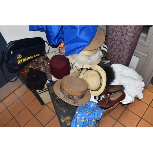 913 - ONE FLORAL MANNEQUIN, VINTAGE CLOTHING, HATS, LUGGAGE AND SHOES, to include three vintage suitcases,... 