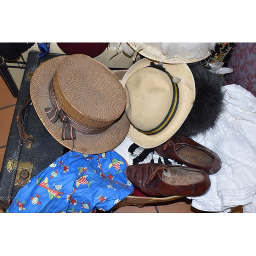 913 - ONE FLORAL MANNEQUIN, VINTAGE CLOTHING, HATS, LUGGAGE AND SHOES, to include three vintage suitcases,... 