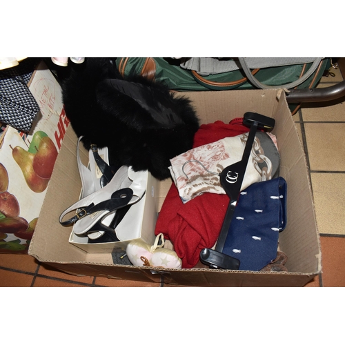 916 - THREE BOXES AND LOOSE: A LARGE QUANTITY OF LADIES'  VINTAGE CLOTHING AND BAGS, to include over fifty... 