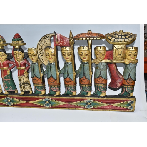 917 - A COLLECTION OF CHINESE AND BALINESE WOODEN ITEMS comprising a polychrome Balinese processional plaq... 