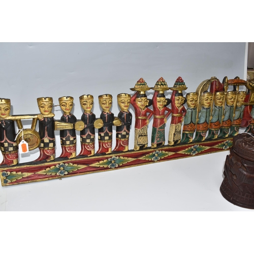 917 - A COLLECTION OF CHINESE AND BALINESE WOODEN ITEMS comprising a polychrome Balinese processional plaq... 