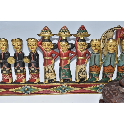 917 - A COLLECTION OF CHINESE AND BALINESE WOODEN ITEMS comprising a polychrome Balinese processional plaq... 