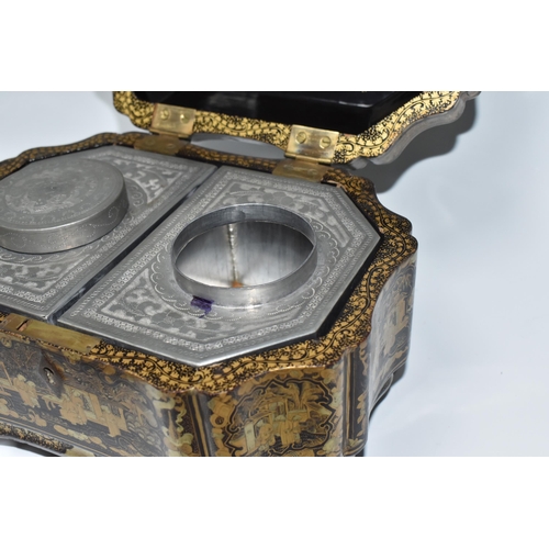 918 - A GILDED CHINOISERIE TEA CADDY with two engraved pewter canisters to the interior, raised on 'dragon... 