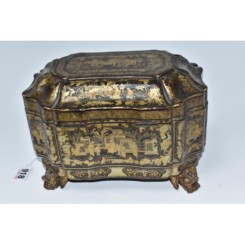 918 - A GILDED CHINOISERIE TEA CADDY with two engraved pewter canisters to the interior, raised on 'dragon... 