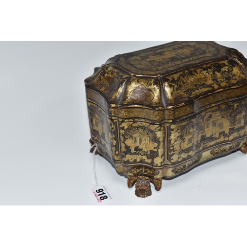 918 - A GILDED CHINOISERIE TEA CADDY with two engraved pewter canisters to the interior, raised on 'dragon... 