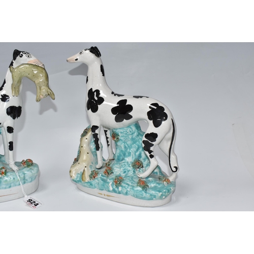 924 - A PAIR OF STAFFORDSHIRE 'DISRAELI CURL' GREYHOUND FIGURES comprising a left and right facing hound, ... 