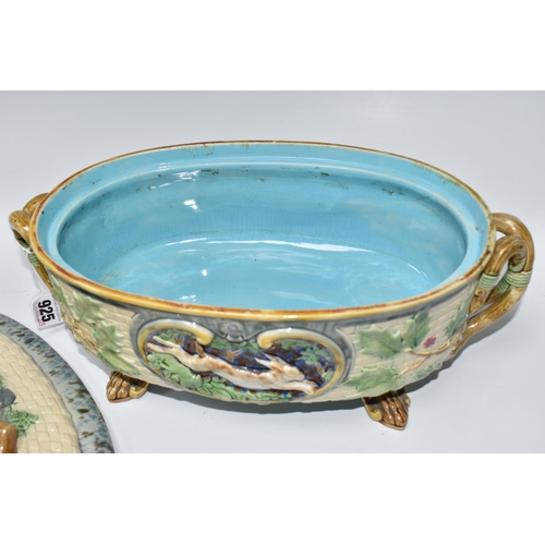 925 - A MINTON MAJOLICA LIDDED GAME PIE TUREEN with a moulded gundog handle to the lid, with two twisted h... 