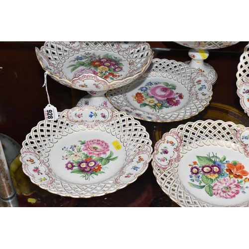 928 - AN EIGHT PIECE MEISSEN FLORAL AND GILT DESSERT SET comprising two pedestal bowls with central floral... 