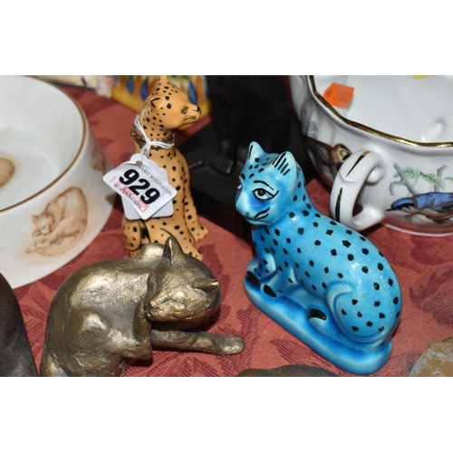 929 - A COLLECTION OF CAT ORNAMENTS to include a Staffordshire tiger, a British Museum replica blue cat, t... 