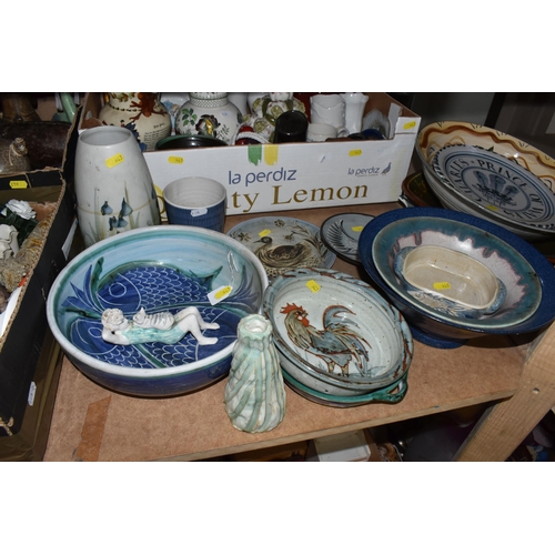 943 - THREE BOXES AND LOOSE STUDIO POTTERY AND ORNAMENTS, to include a Cornish Country Lane Pottery dish d... 