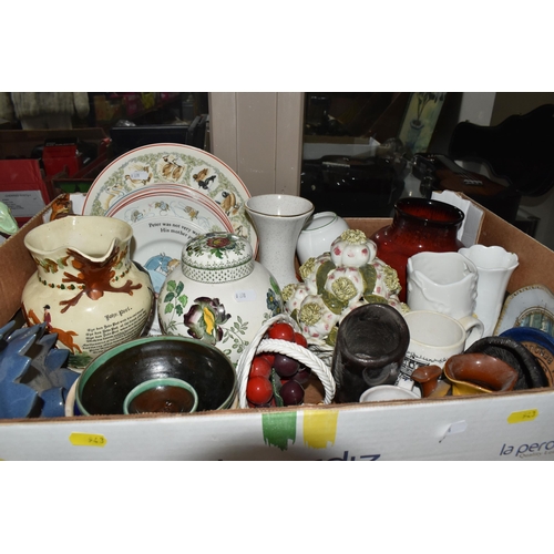 943 - THREE BOXES AND LOOSE STUDIO POTTERY AND ORNAMENTS, to include a Cornish Country Lane Pottery dish d... 