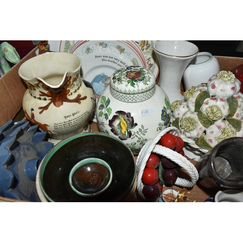 943 - THREE BOXES AND LOOSE STUDIO POTTERY AND ORNAMENTS, to include a Cornish Country Lane Pottery dish d... 