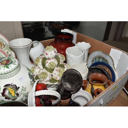 943 - THREE BOXES AND LOOSE STUDIO POTTERY AND ORNAMENTS, to include a Cornish Country Lane Pottery dish d... 