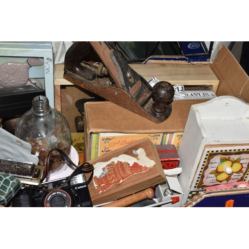 946 - SEVEN BOXES AND LOOSE MISCELLANEOUS SUNDRIES, to include books, cut glassware, a Stanley plane, a J&... 