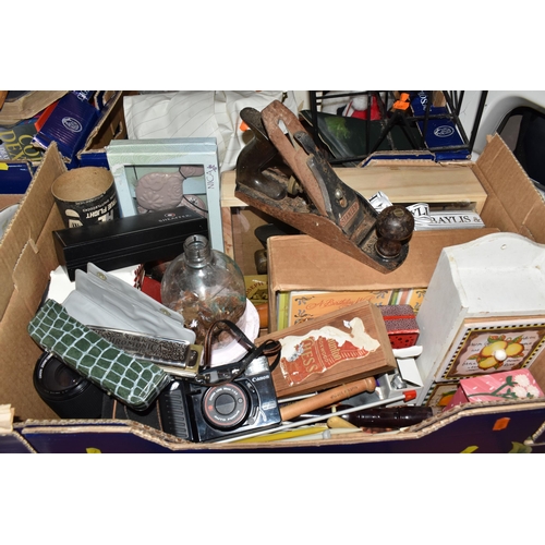 946 - SEVEN BOXES AND LOOSE MISCELLANEOUS SUNDRIES, to include books, cut glassware, a Stanley plane, a J&... 