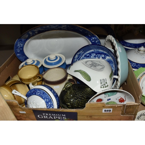 949 - FOUR BOXES AND LOOSE CERAMICS AND KITCHENWARE, to include a T.G. Green Cloverleaf 'Cornish ware' tea... 