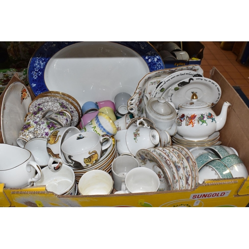 949 - FOUR BOXES AND LOOSE CERAMICS AND KITCHENWARE, to include a T.G. Green Cloverleaf 'Cornish ware' tea... 