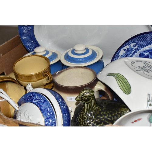 949 - FOUR BOXES AND LOOSE CERAMICS AND KITCHENWARE, to include a T.G. Green Cloverleaf 'Cornish ware' tea... 