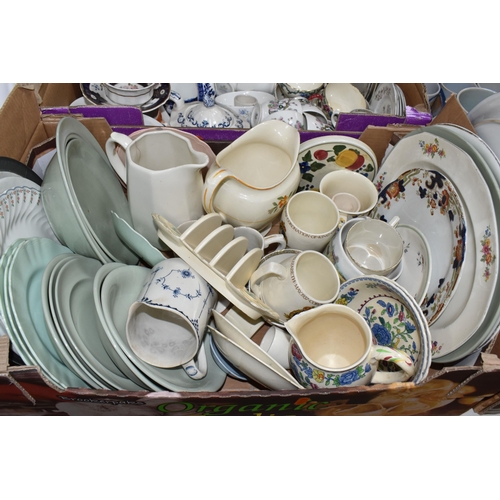 953 - FIVE BOXES AND LOOSE TEA AND DINNER WARES, to include a twenty three piece Denby Peasant pattern tea... 