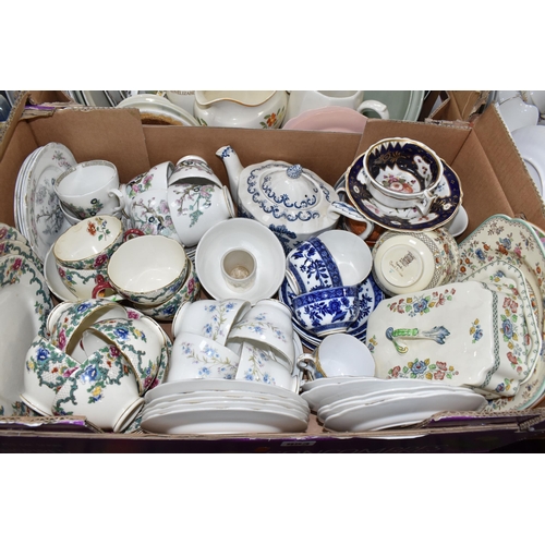 953 - FIVE BOXES AND LOOSE TEA AND DINNER WARES, to include a twenty three piece Denby Peasant pattern tea... 