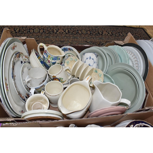 953 - FIVE BOXES AND LOOSE TEA AND DINNER WARES, to include a twenty three piece Denby Peasant pattern tea... 