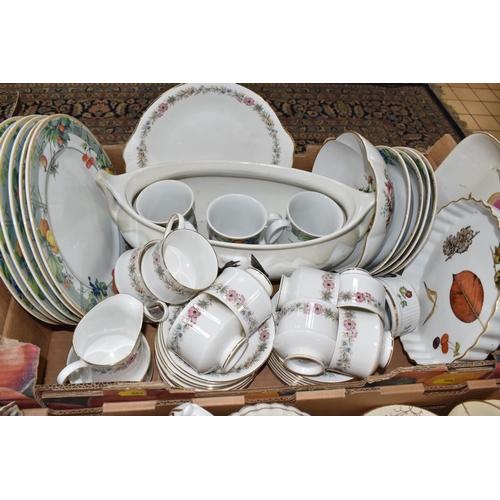 953 - FIVE BOXES AND LOOSE TEA AND DINNER WARES, to include a twenty three piece Denby Peasant pattern tea... 