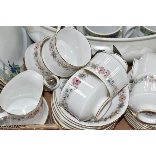 953 - FIVE BOXES AND LOOSE TEA AND DINNER WARES, to include a twenty three piece Denby Peasant pattern tea... 