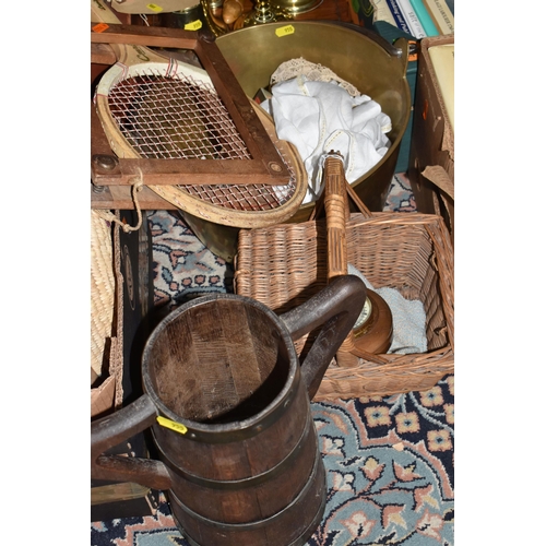 955 - TWO BOXES AND LOOSE METALWARE AND SUNDRY ITEMS, to include a Mauchline ware needle case, length 13.5... 