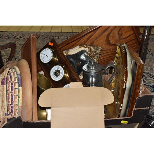 955 - TWO BOXES AND LOOSE METALWARE AND SUNDRY ITEMS, to include a Mauchline ware needle case, length 13.5... 